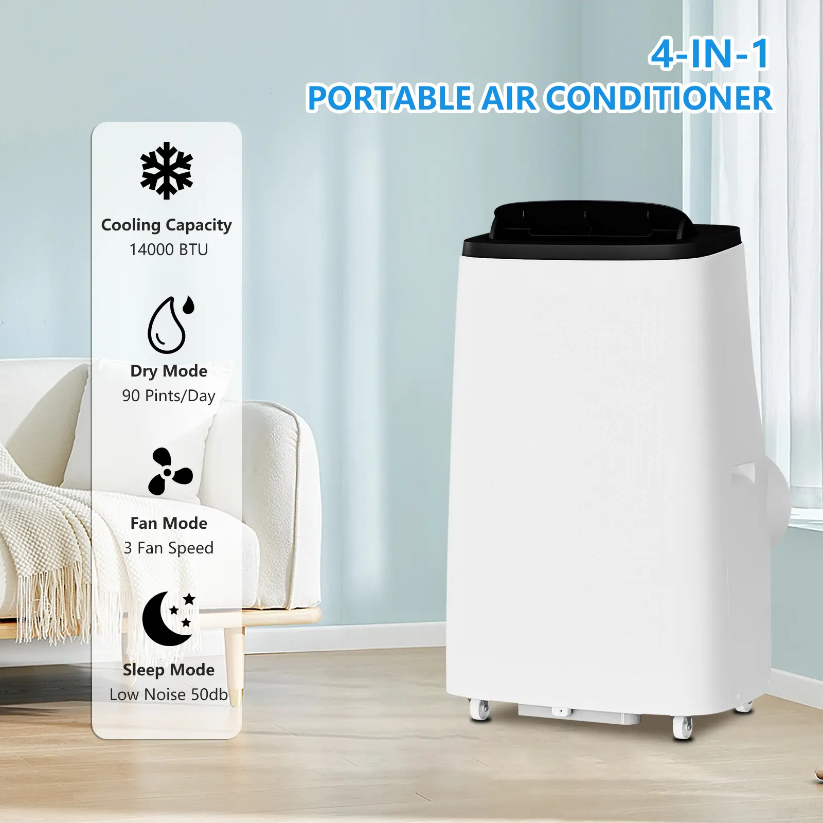 [Garvee] Versatile 3-in-1 Cooling Solution - 14K/12K/10K/8K BTU Portable Air Conditioner with Dehumidifier & Fan - Fast Cooling, Quiet, 4-Way Swing, Remote, LED Display, 24H Timer, 360° Wheels, Window Kit
