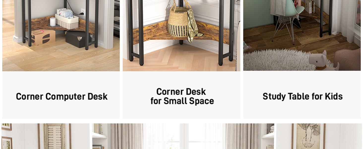 Corner Small Desk with Outlets Corner Table for Small Space Industrial Computer Desk with Storage for Home Office, Workstation, Living Room, Bedroom