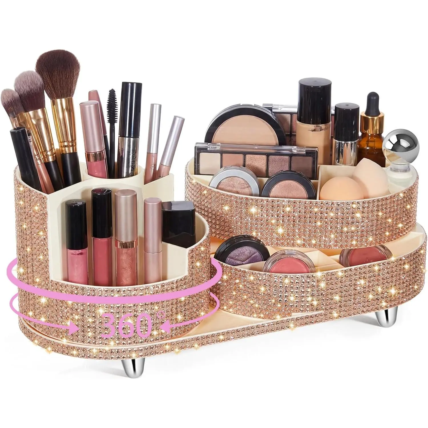 Teen Girls 360 Rotating Bling Makeup Organizer  Rhinestone  Bathroom Organizer Preppy Skincare Brush Holder for Countertop, Bathroom Essentials(Champagne,Rhinestone)