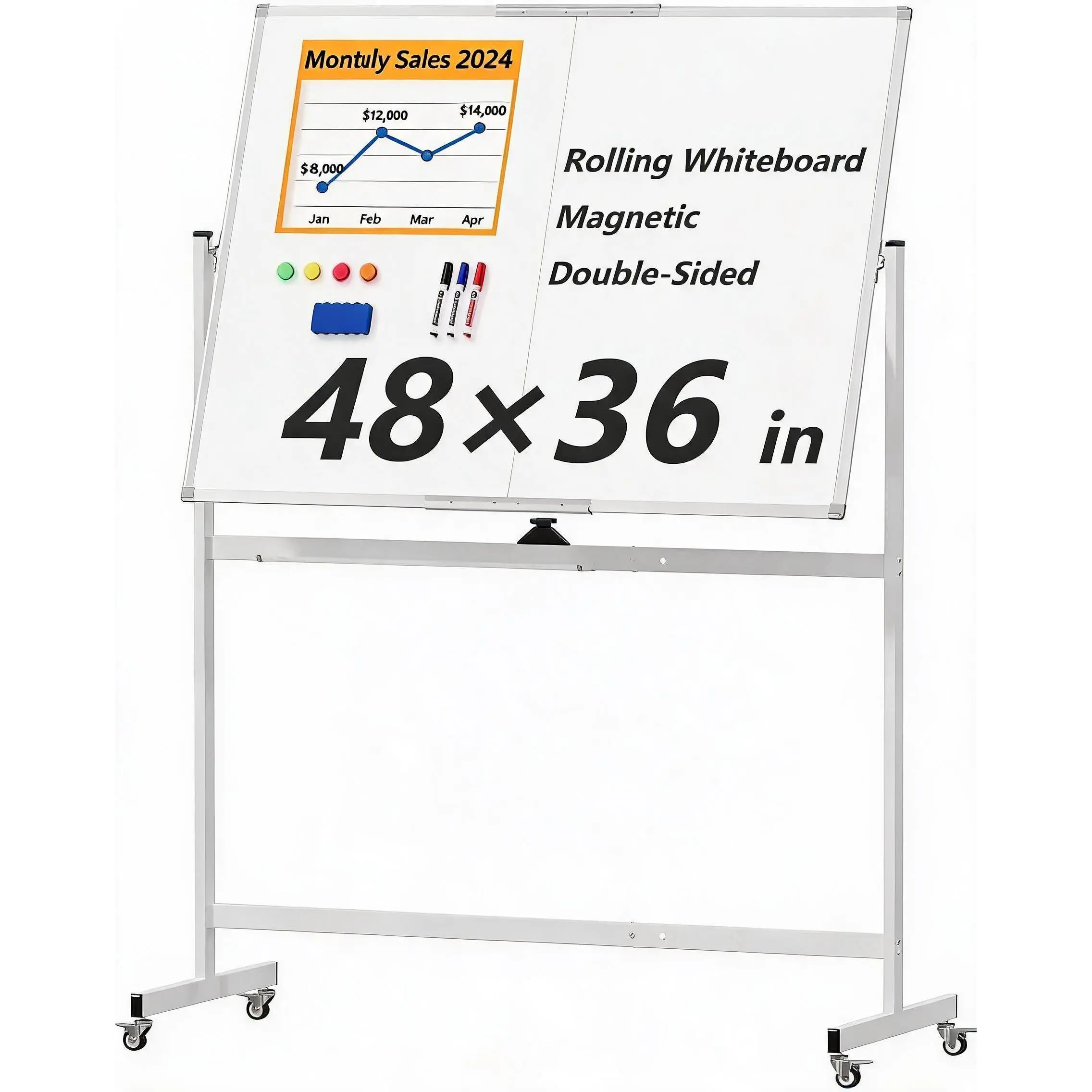 Double-Sided Rolling Magnetic Whiteboard on Wheels – Portable Dry Erase Board Easel – Height Adjustable, Easy to Clean & Turn, Ideal for Office, Study Area, School or Home – Large Writing Surface