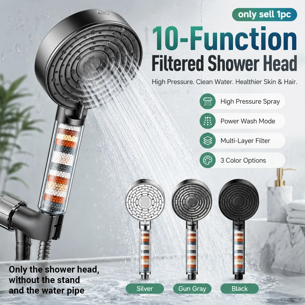 10-Function Filtered Shower Head with Handheld and Filter Cartridge, Adjustable High Pressure Shower Sprayer with Massage Rain Mist Wide Fan Modes, Water Saving Bathroom Showerhead for Home, Apartment, Hotel, Pet Wash, Hair Rinse and Daily Bath Upgrade