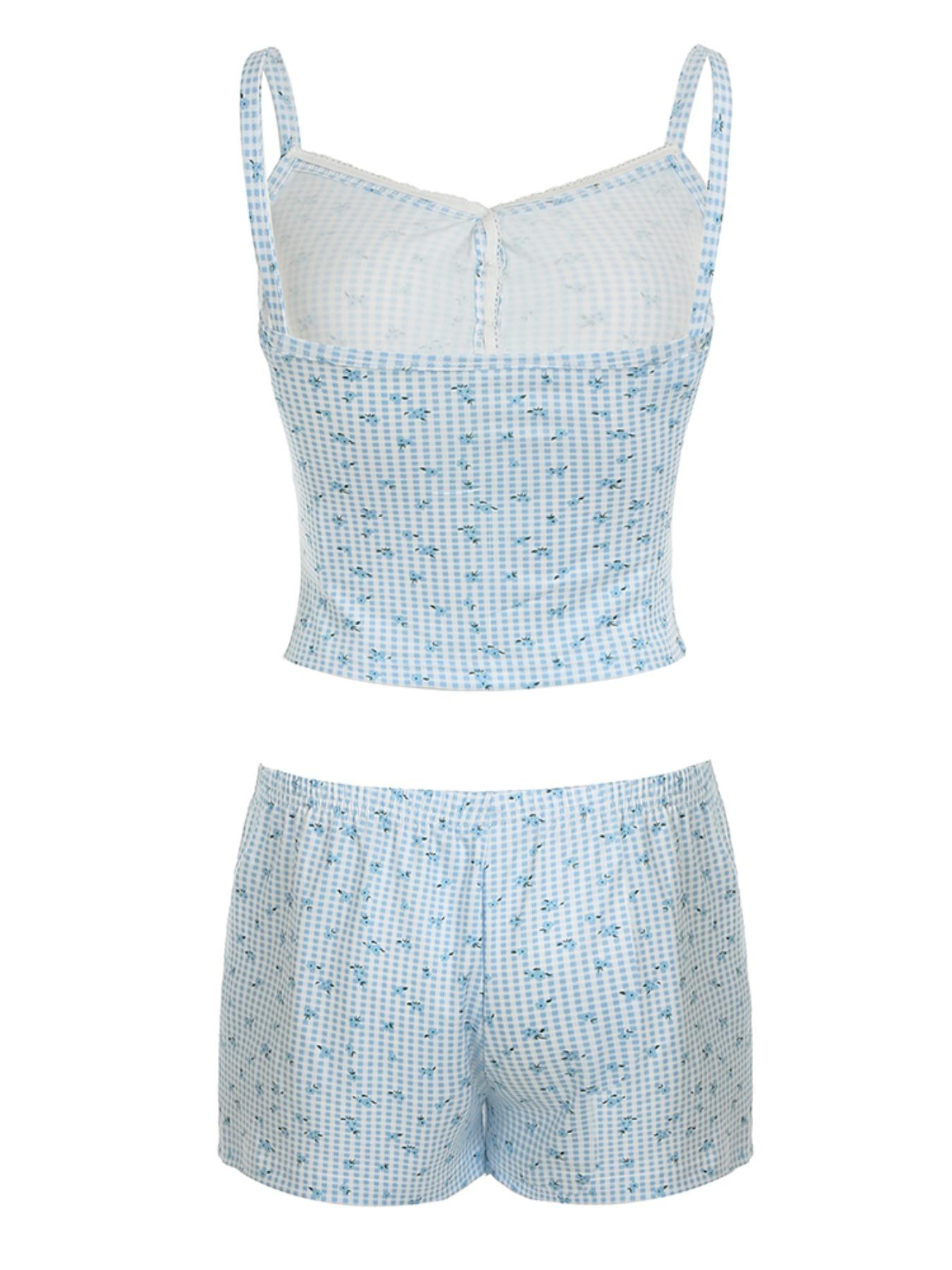 Two-Piece Set Women's Plaid and Floral Print Cami Top & Shorts Set, Casual Cute Comfy Spaghetti Strap Camisole & Shorts Set, Women's Clothes for Summer, Womenswear