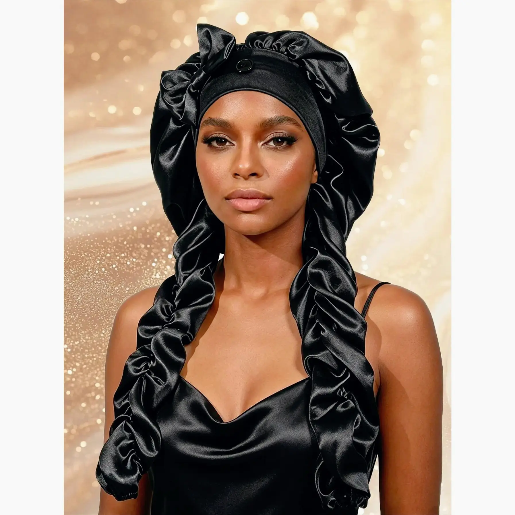 Heatless Curl Satin Bonnet for Sleeping Curly Hair - No Slip Nightcap with Long Curling Ribbons, Ideal for Braids & Long Hair Care