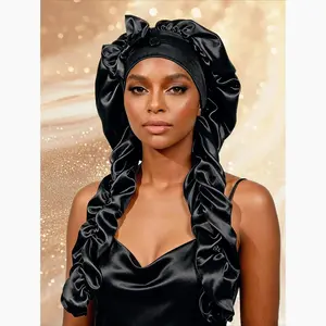 Heatless Curl Satin Bonnet for Sleeping Curly Hair - No Slip Nightcap with Long Curling Ribbons, Ideal for Braids & Long Hair Care