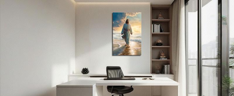 Jesus Picture on Canvas Jesus Walking on the Beach Canvas Picture God Poster Catholic Work of Art for Spiritual Space Wall Decoration Framed (3, 30 x 45 cm)
