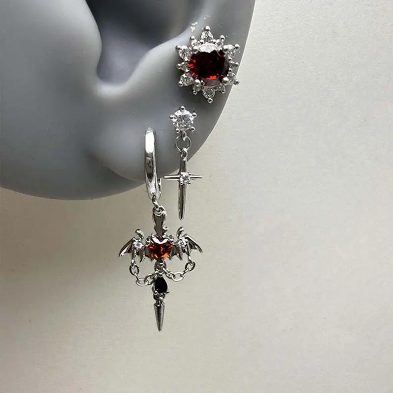 Punk Red Zircon Heart Wings Drop Earrings for Women Men Sweet Cool Metal Crystal Cross Piercing Earrings  Jewelry Accessories