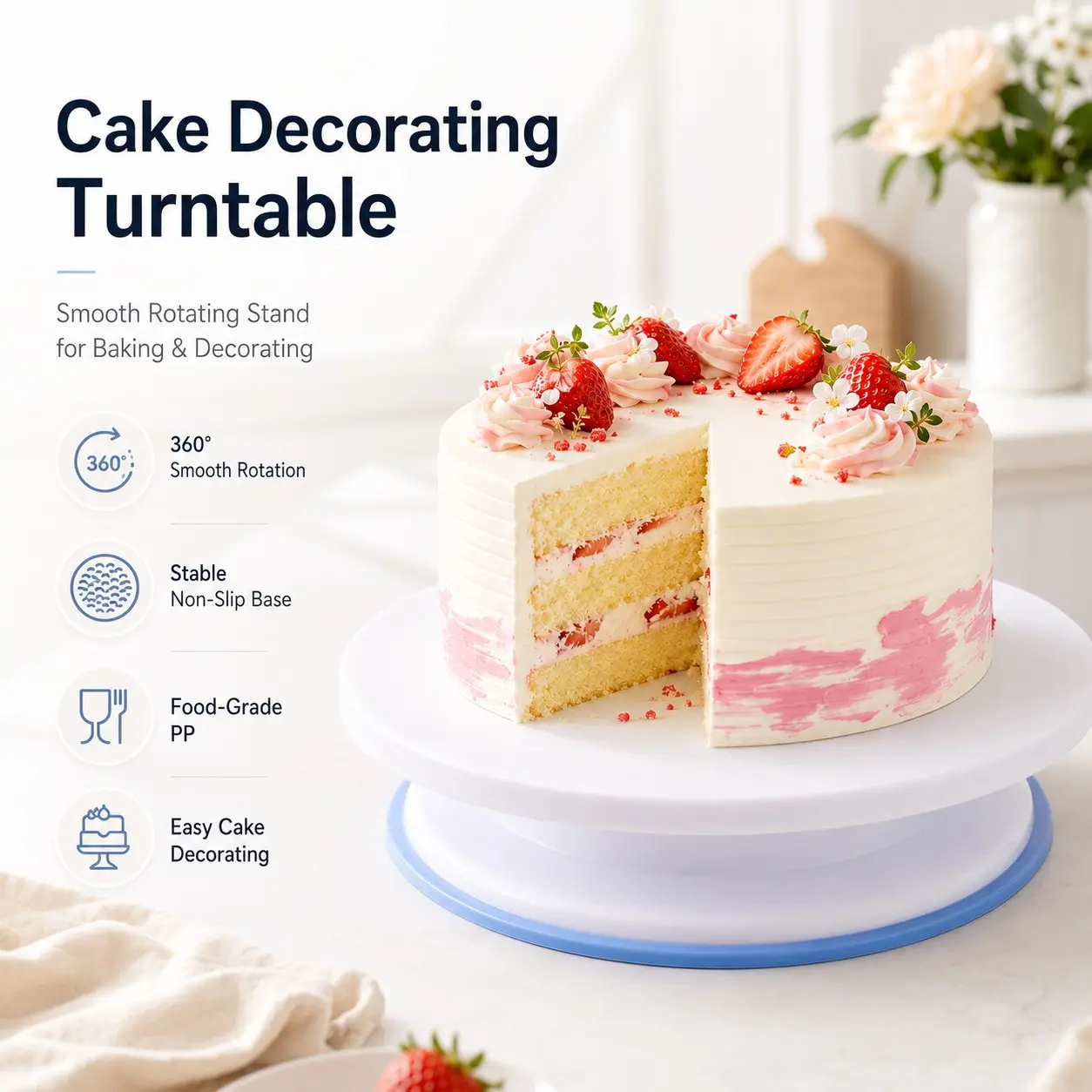 360° Smooth Rotating Cake Decorating Turntable with a Stable Non-Slip Base, PP Surface Baking Decoration Platform, Perfect for Cake Frosting, Piping, Icing, and Home Baking. Cake Frosting Tool, Rotating Cake Base
