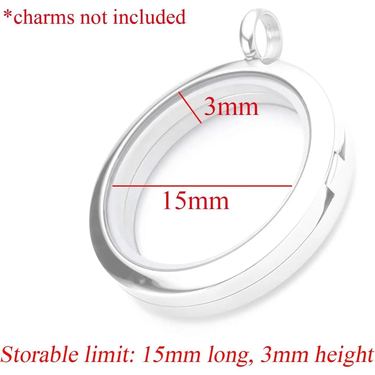 Silver Round Locket Pendant Necklace 30mm Glossy Stainless Steel Clear Glass Living Memory Floating Charms Stone Storage