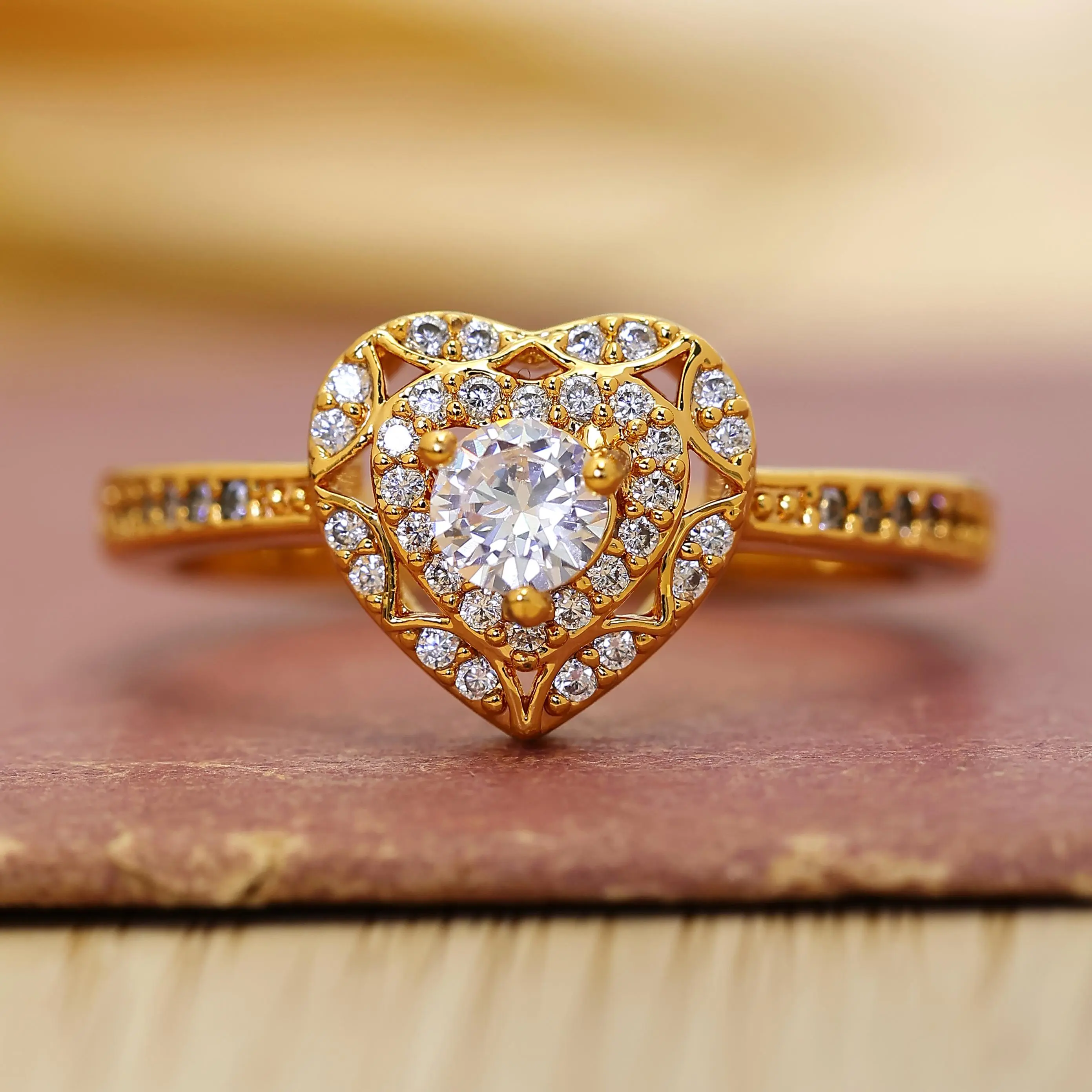 Beautiful Rings for Women, Gold-Tone Pave Heart Shaped Statement Ring with Intricate Band - Classic Casual Costume Jewelry, Heart Shaped Ring, Female