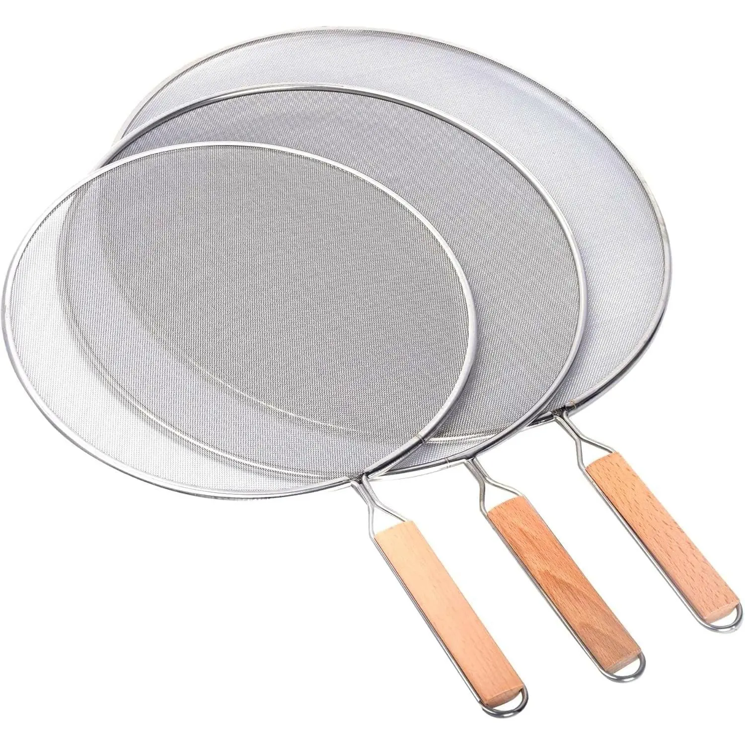 3PCS Grease Splatter Screen for Frying Pan,Stainless Steel Grease Guard | Grease Splatter Guard Shield for Kitchen Frying Pan Cooking Supplies Set of 9.44", 10.8" and 12.5" inch (Wood Handle)