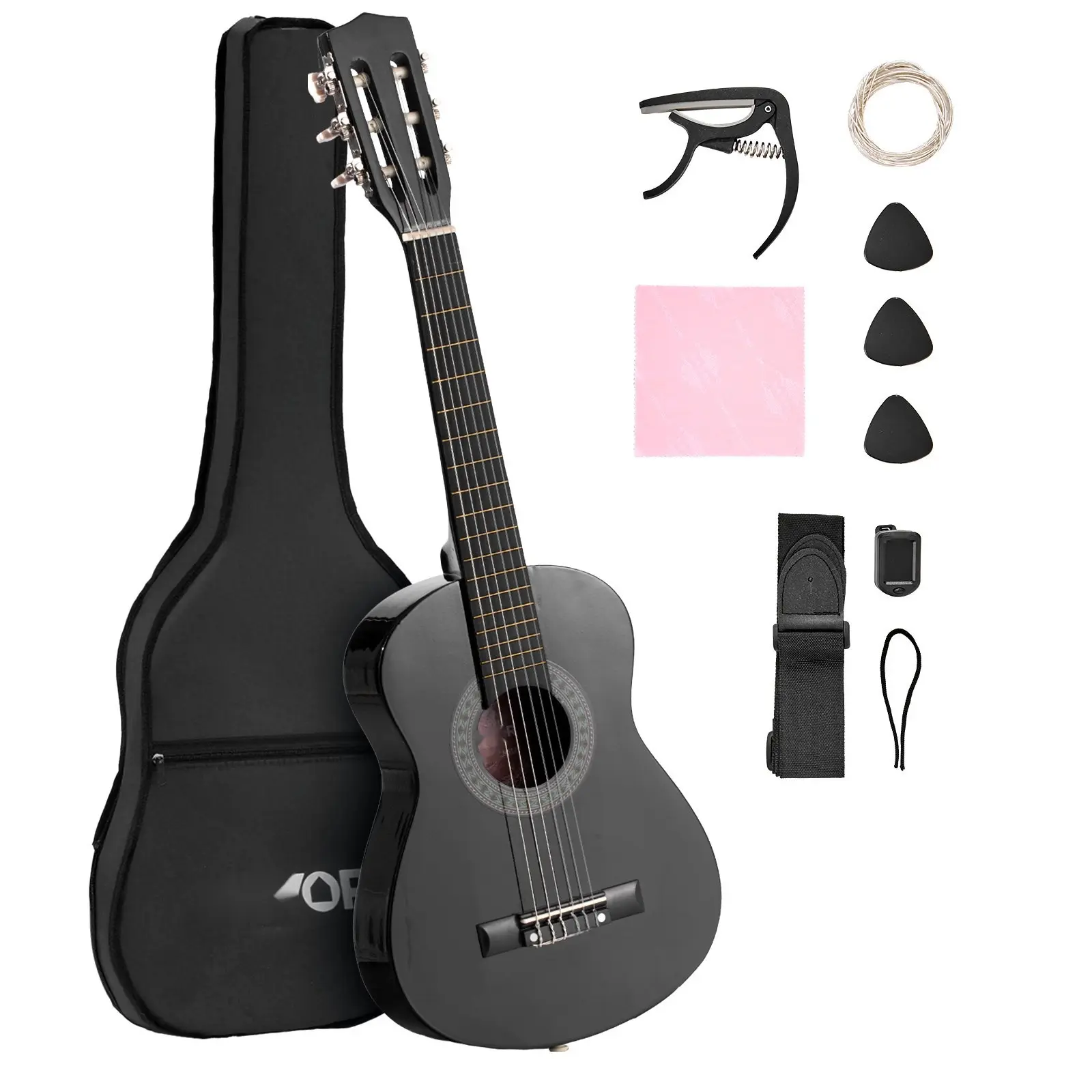 30-Inch Classical Guitar Beginner Starter Kit with Nylon Strings, Full-Size Acoustic Instrument for Learning and Practice, Includes Case, Strap, Extra Strings, Picks, Tuner, Cleaning Cloth, Instruction Book, Black Finish