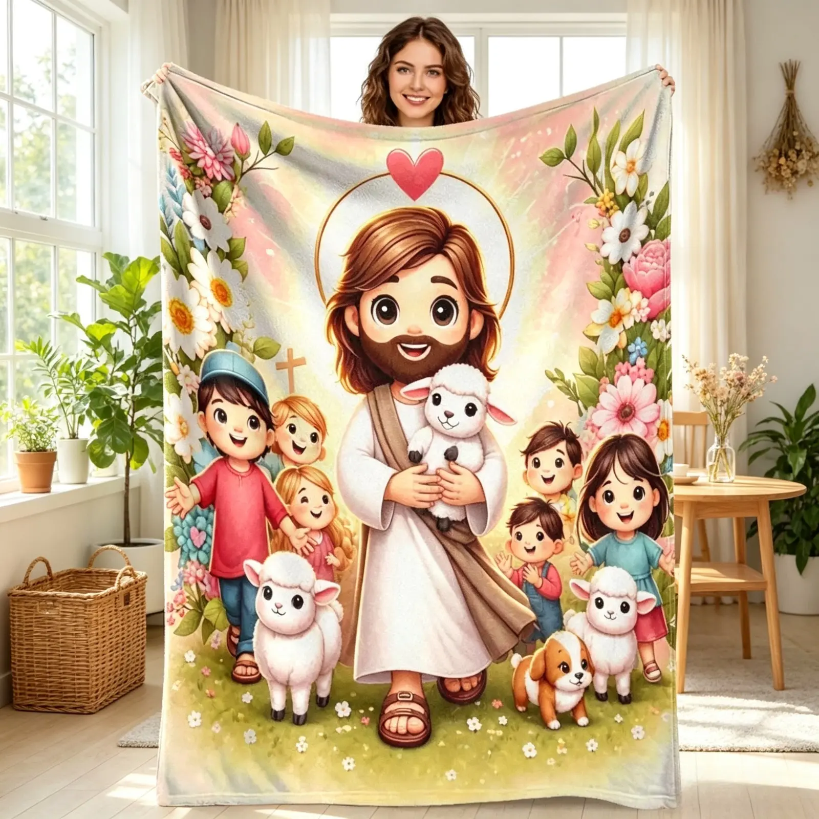 Jesus and Lamb Flannel Throw Blanket Christian Faith Soft Cozy Plush Fleece Blanket Religious Home Decor Lightweight Warm Throw for Sofa Bed Living Room Bedroom Easter Christmas Gift Prayer Room All Season, Room Decor, Polyester