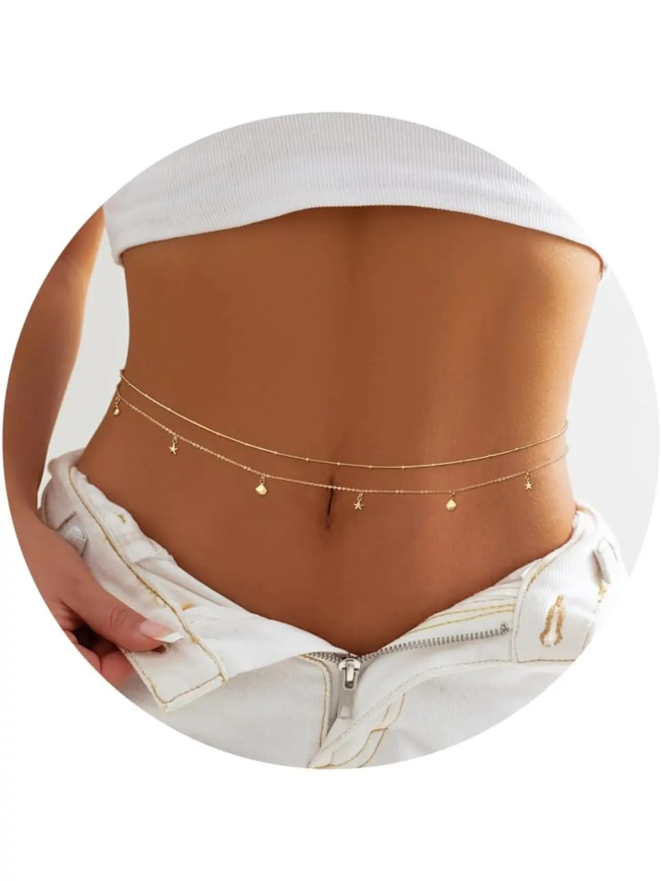 Gold Belly Chains Waist Chains for Women Waterproof Stainless Steel Pearl Beaded Seashell Starfish Body Chain Belly Necklace Bracelet Stomach Jewelry Chain 26"-43"