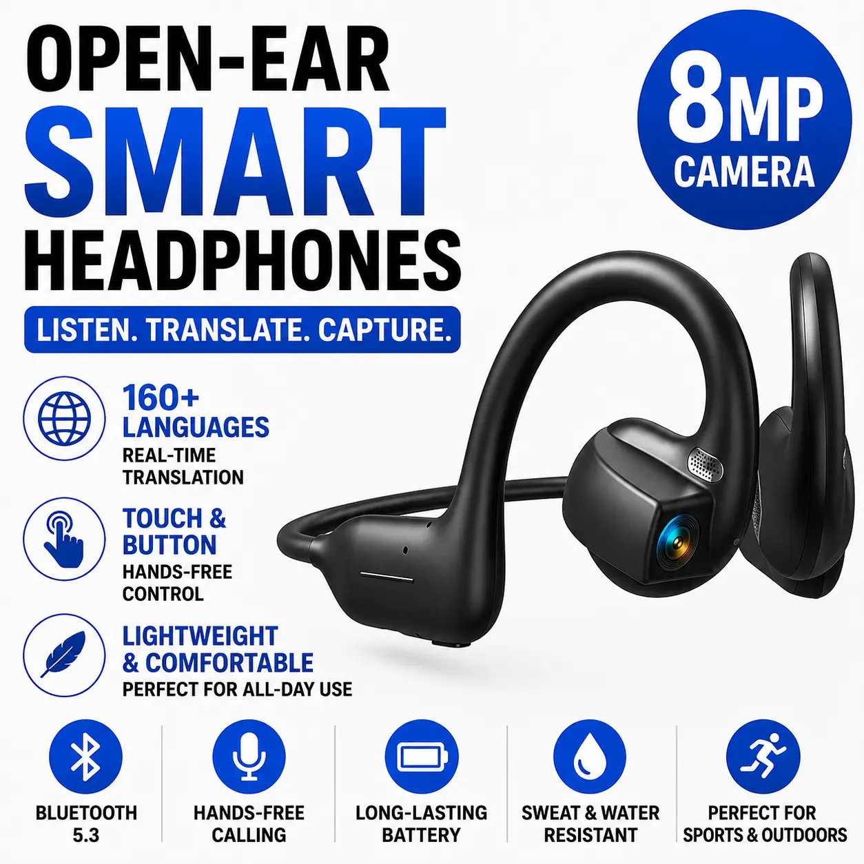 Advanced Open Ear Bluetooth Headphones with 8MP Camera, Instant Voice Translation Across 160+ Languages, Hands-Free Touch & Button Controls, Lightweight Sports Headset for Vlog Creators and Outdoor Activities