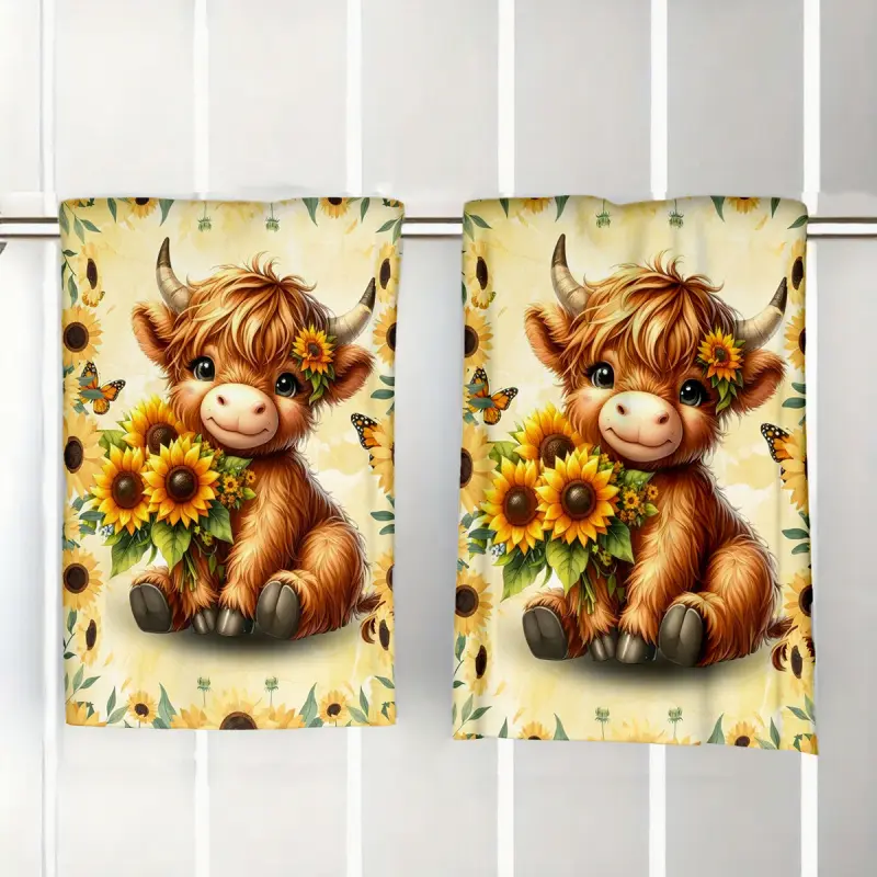 2 Pack Cute Highland Cow Kitchen Towels, Adorable Baby Cow with Sunflowers & Butterflies Print Dish Towels, Farmhouse Floral Absorbent Tea Towels, Country Animal Themed Decorative Cleaning Cloths