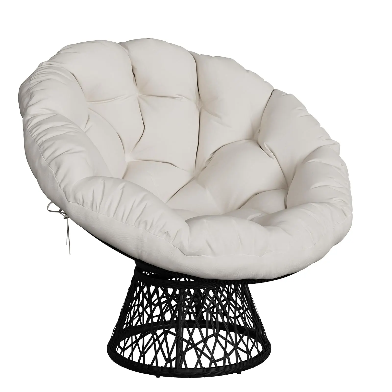 360° Swivel Oversized Papasan Patio Rocking Chair with Ottoman, 6in Thick Plush Beige Cushion, Rain Resistant Black PE Wicker Heavy Metal Frame 350lbs Capacity, Indoor Outdoor Lounge Chair for Garden Balcony Backyard