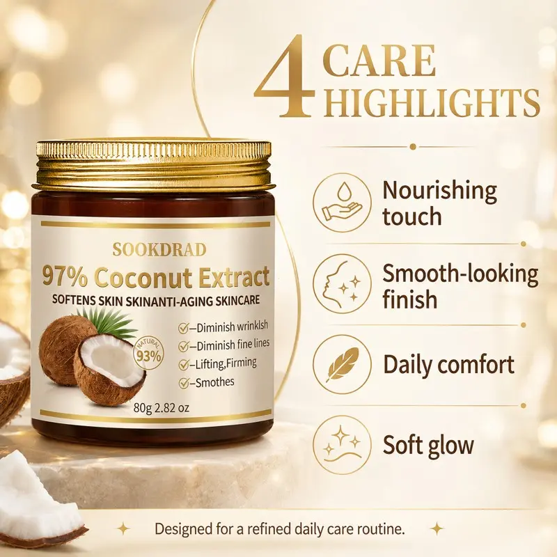 Natural Coconut Essence Anti-Wrinkle Cream, High Coconut Content, Smooths Dry Lines, Lifts and Tightens, Long-Lasting Brightening, 80g