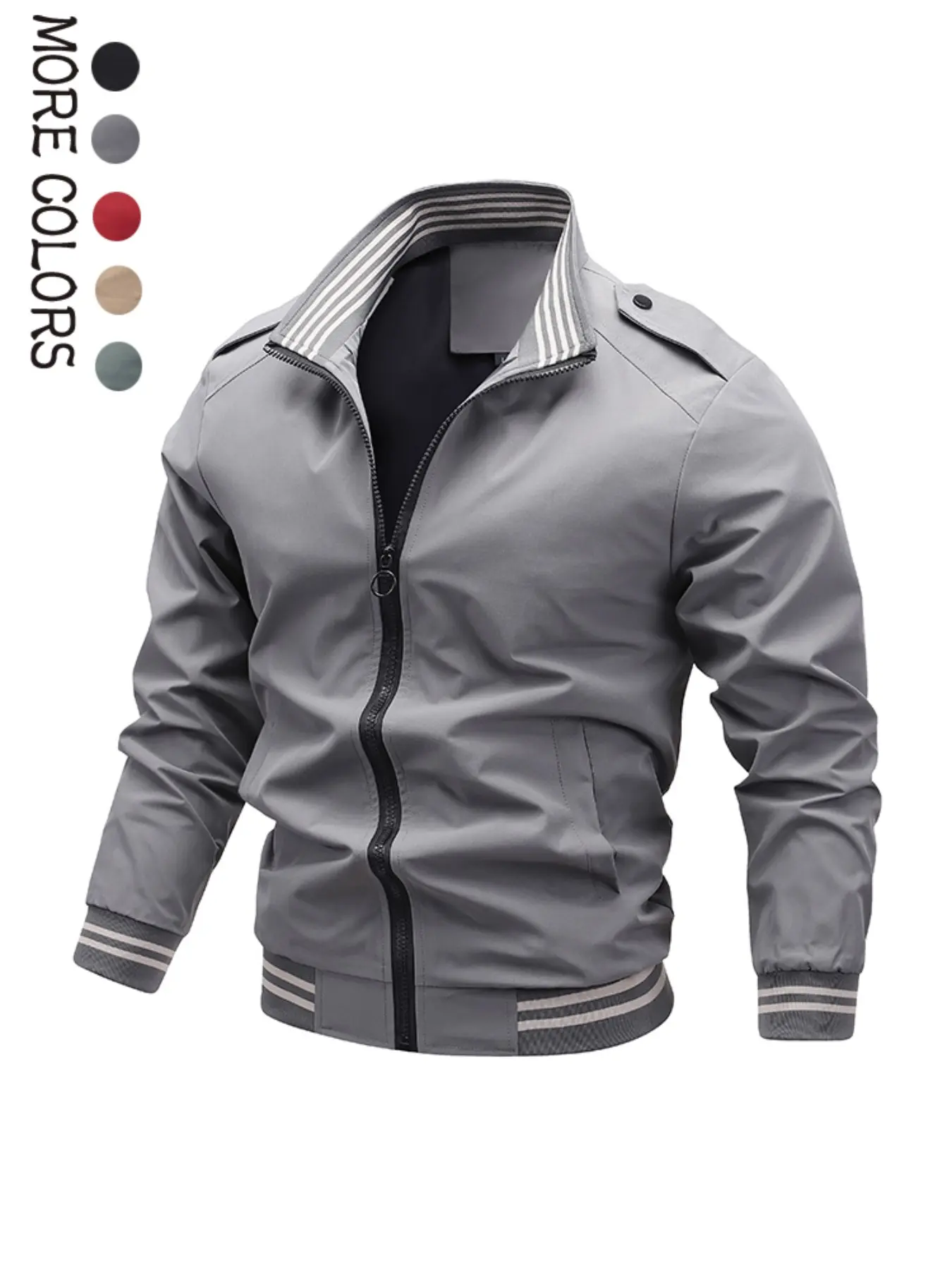 Men's Stand Collar Baseball Jacket, Solid Color Simple Striped Sleeve Hem, Spring Summer Casual Versatile Zipper Windproof Coat