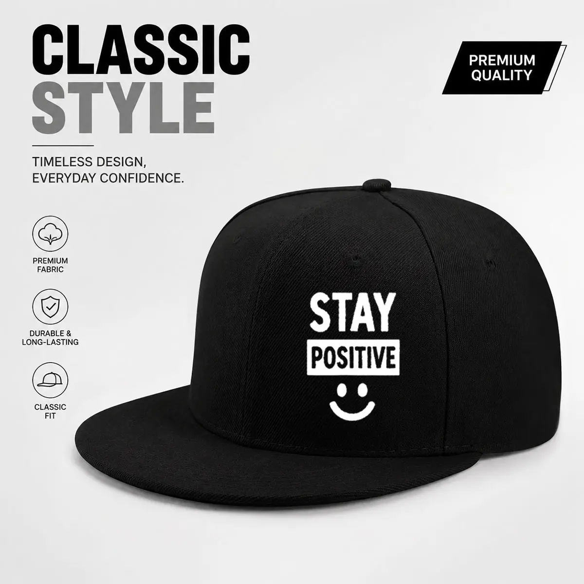 Wear a baseball cap for daily travel, maintain an optimistic and positive life, suitable for gift giving with a printed flat brimmed hat, adjustable back button, and multiple colors to choose from