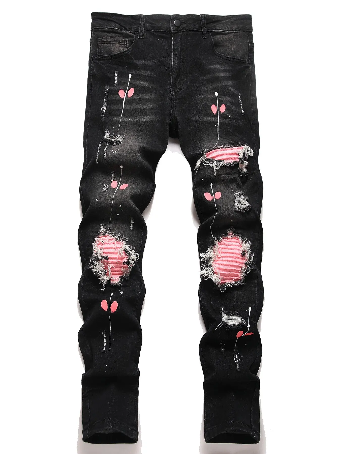 New European and American Men's Fashion Long Pants, Patchwork Spray Paint, High Street Men's Unique Ripped Denim Jeans, Trendy Casual Wear