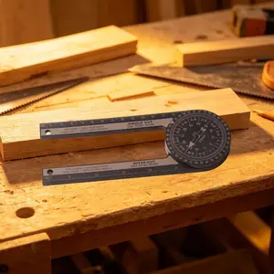spirit level, rotatable base for precise inside and outside angle measurement, adjustable and foldable design for carpenters.