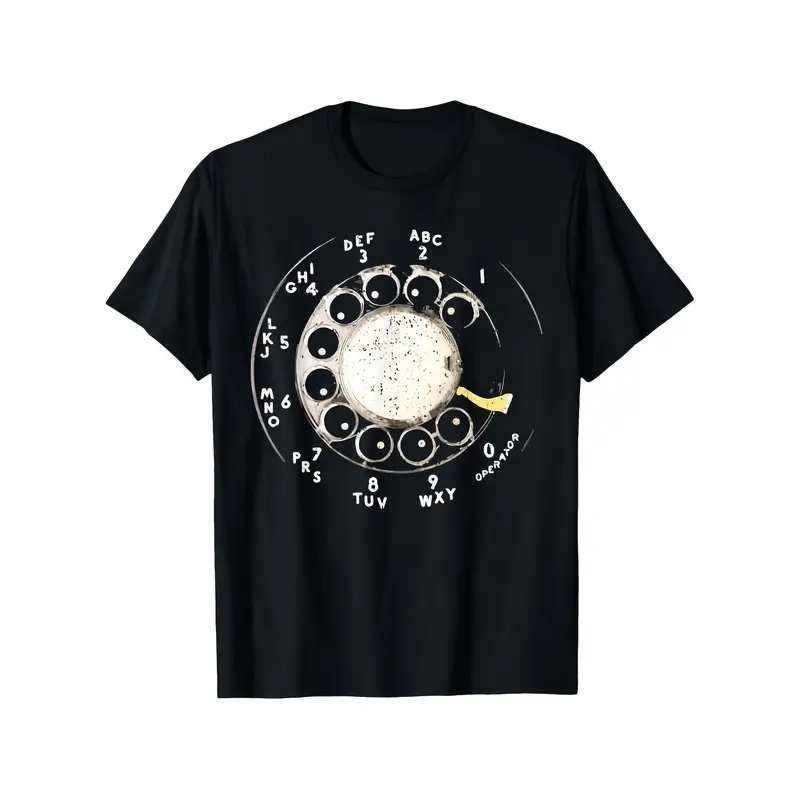 Men's 100% Cotton Short Sleeve Graphic Tshirt - Retro 1960s/70s Vintage Rotary Dial Icon Print, Slight Stretch Round Neck Black Top, Machine Washable Easy Care Fabric, All Seasons Vintage Vibe Modern Wear Gift for Men