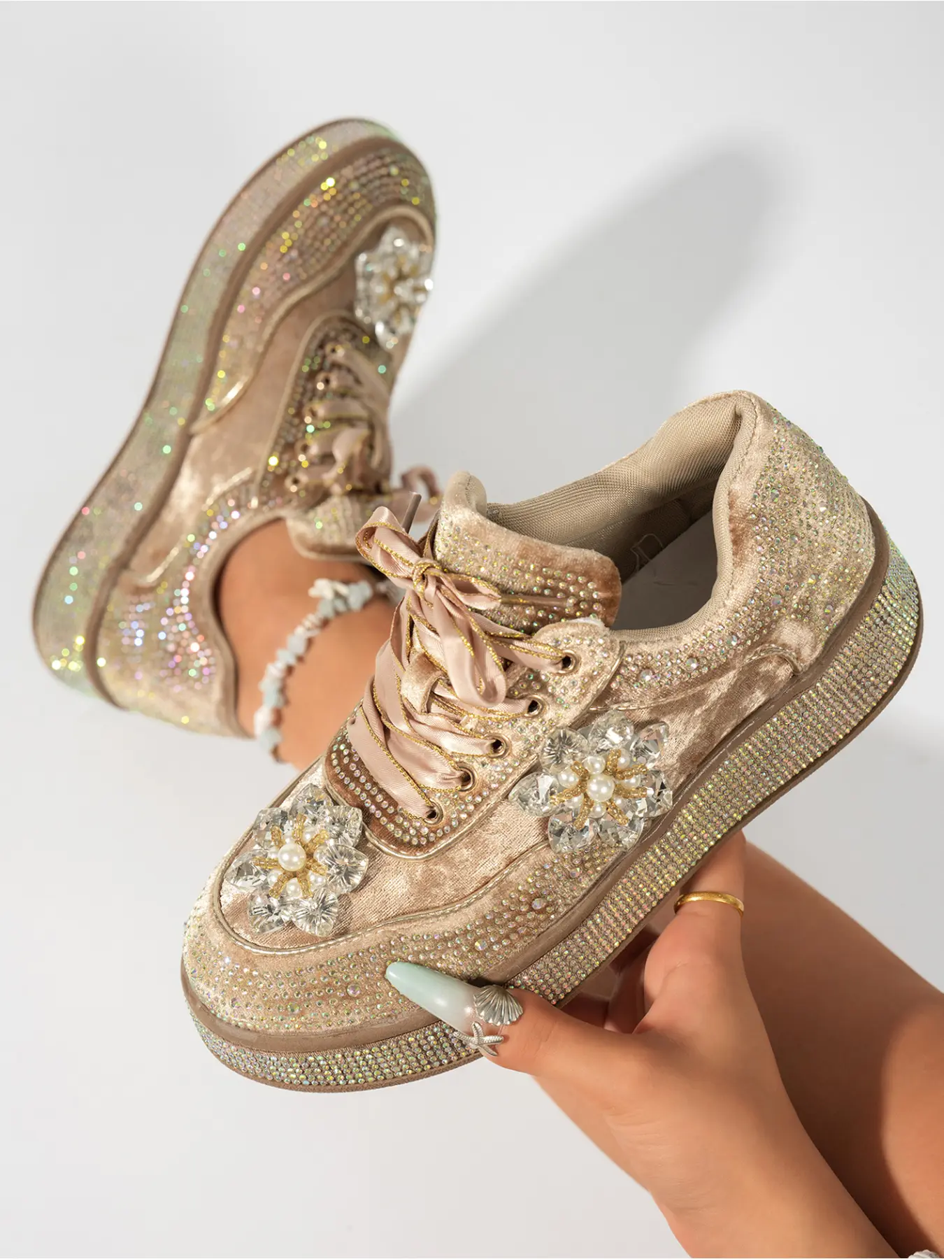 Ladies Black Velvet Rhinestone Flower Platform Sneakers Satin Ribbon Lace Up Low Top Sparkly Skate Shoes