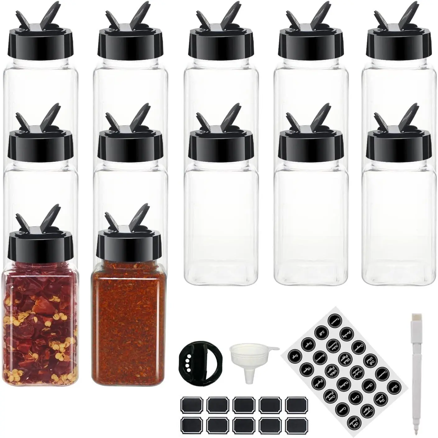 12 Pack 4oz Clear Plastic  Jars, Square  Bottles | Seasoning Containers with Black Plastic , Chalk Labels, Funnel,  Containers For Kitchen Cabinet