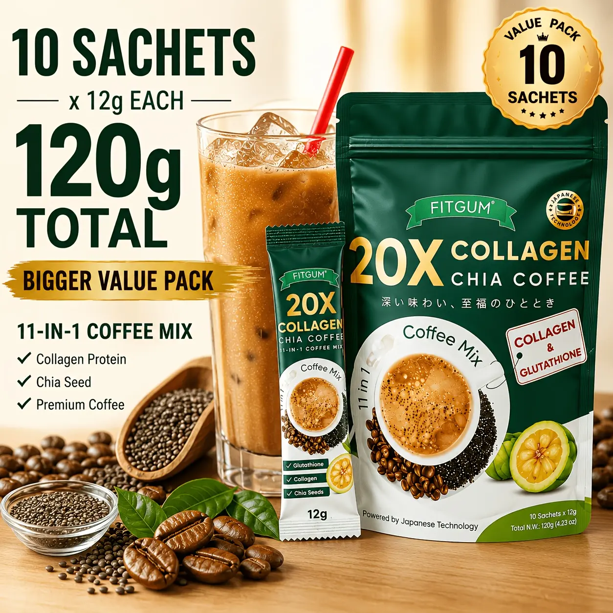 10 Sachets X 12g FITGUM Collagen Chia Coffee - 11in 1 Coffee Mix