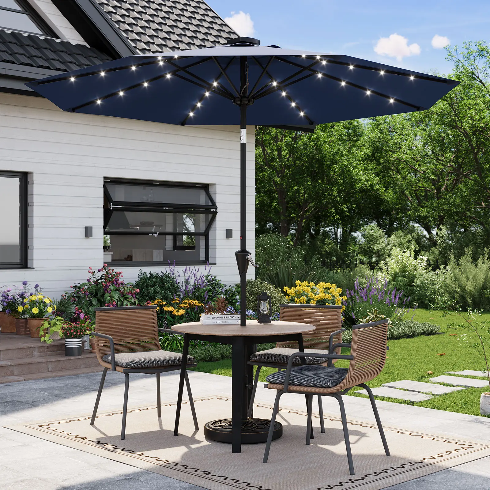 9FT Solar Powered Patio Umbrella with 32 LED Lights, Outdoor Market Parasol Featuring Crank Lift & Push Button Tilt, 8 Reinforced Ribs, UV Resistant Sun Canopy for Garden, Deck, Pool, Balcony and Terrace