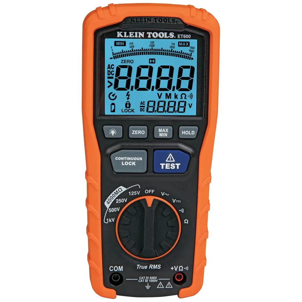 ET600 Multimeter, Megohmmeter Insulation Tester, 4000 Ohms Resistance, 125V/250V/500V/1000V, Auto-Ranging TRMS Multimeter
