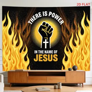 Pattern Printed Tapestry- Power, Jesus, Cross, Flame, Faith, Room Wall Decoration, Non-luminous, Suitable for, Living Room, Meditation, Office, Party Decoration