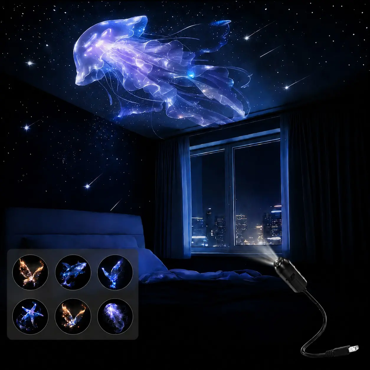 USB Ocean Projection Lamp, Decorative LED Art Light with 6 Pattern Discs, Whale, Butterfly, Jellyfish and Starfish Ceiling Projector for Bedroom, Party and Home Atmosphere Decor, Ambient Night Light, Led Decoration Lamp