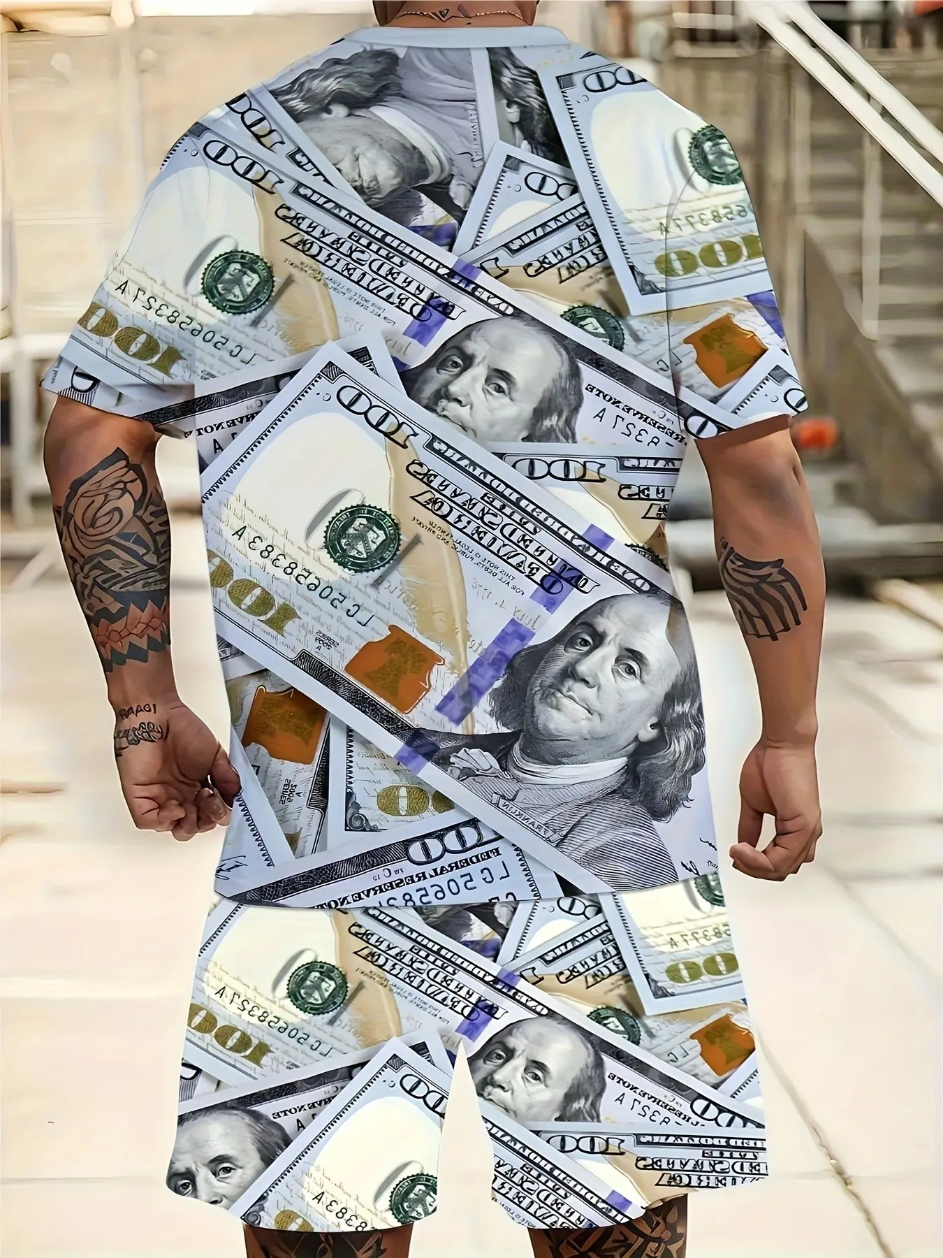 American Hip-Hop Style $100 Bill Print Short Sleeve Shorts Set, Loose Fit Casual Men's, Trendy Two-Piece Ensemble