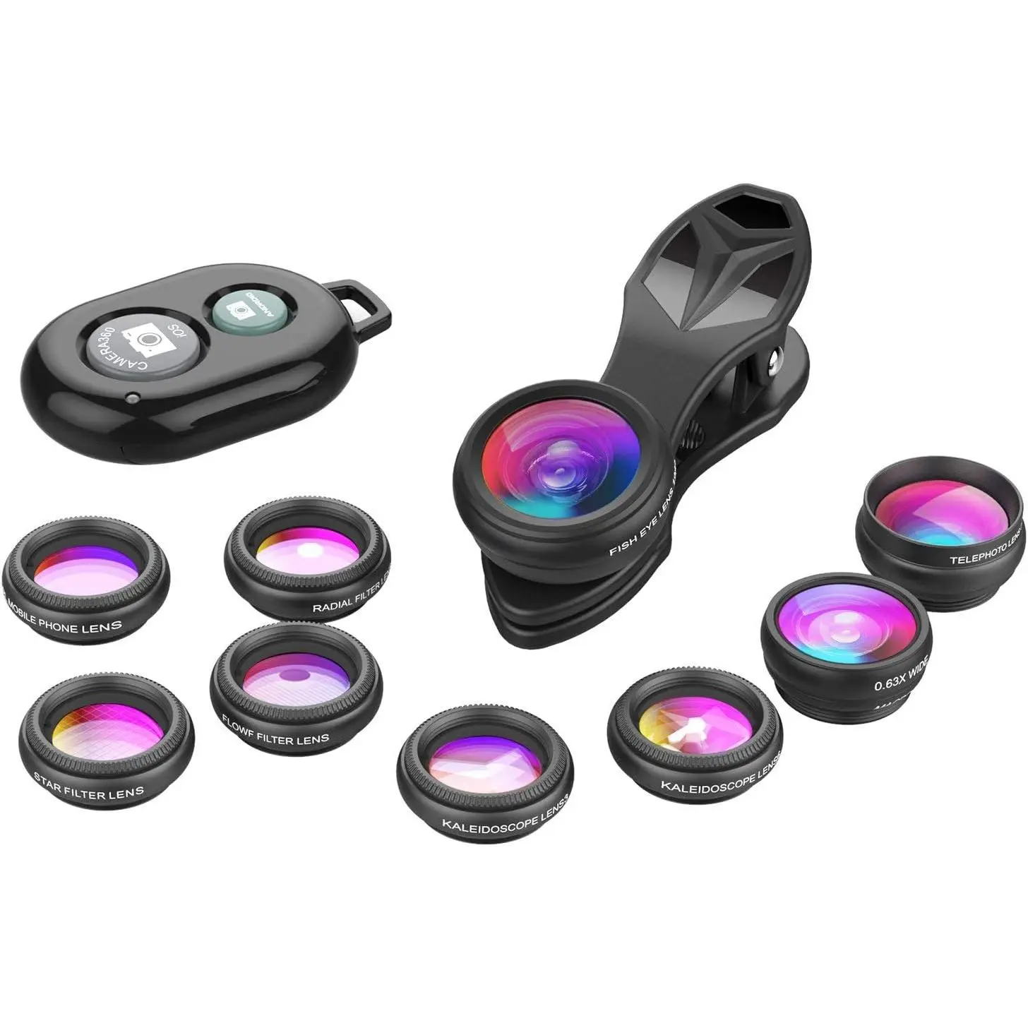 Phone Camera Lens-Macro Lens+Wide Lens+Fisheye Lens+Telephoto Lens+CPL/Flow/Radial/ Filter+Kaleidoscope 3/6 Lens 10 in 1 Lens Kit +Remote Shutter for , , and  Smartphones