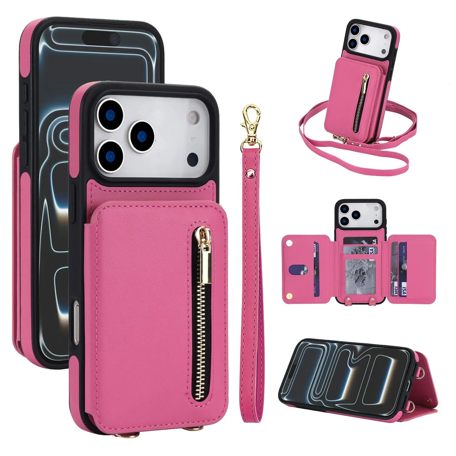 Crossbody Wallet Case for iPhone 17Pro Max 17Air 16 15 14 13 12 Wallet Case with Strap Card Slot Holder RFID Blocking Kickstand, Flip Folio Zipper Crossbody Purse Case with Lanyard, PU Leather Cover Handbag