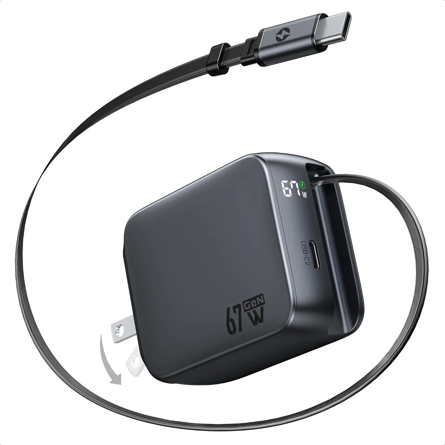 Retractable USB C Charger, 67W 2-Port  Charger with Retractable Cables and Foldable Plug and, PD/PPS Wall Adapter for  17/16/15 Series/MacBook Air/Airpods 4/Galaxy S26/S25