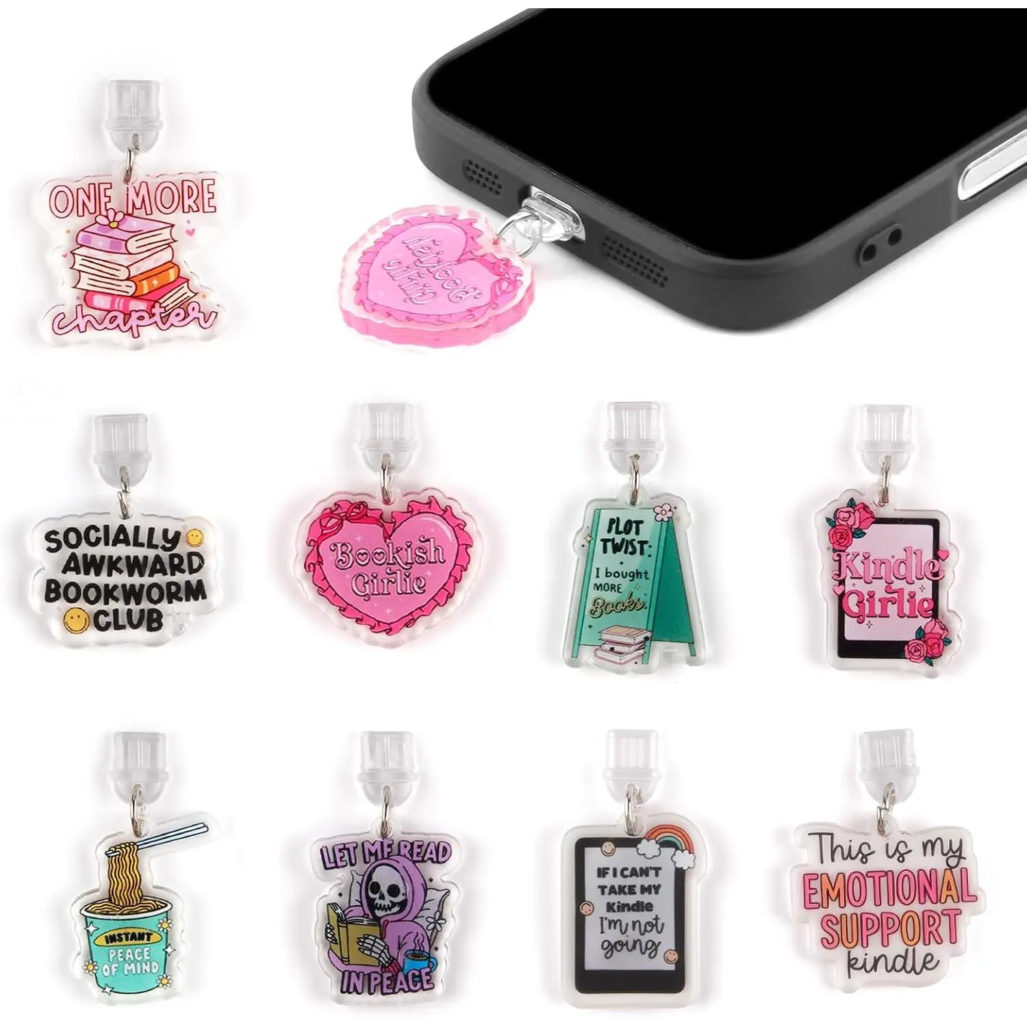 9pcs Durable Synthetic Type-C Dust Plug Charms - Heart & Funny Letter Design, Mobile Device Protection Accessories for Smartphones, Kindle E-Readers, Holidays & Teachers Gifts