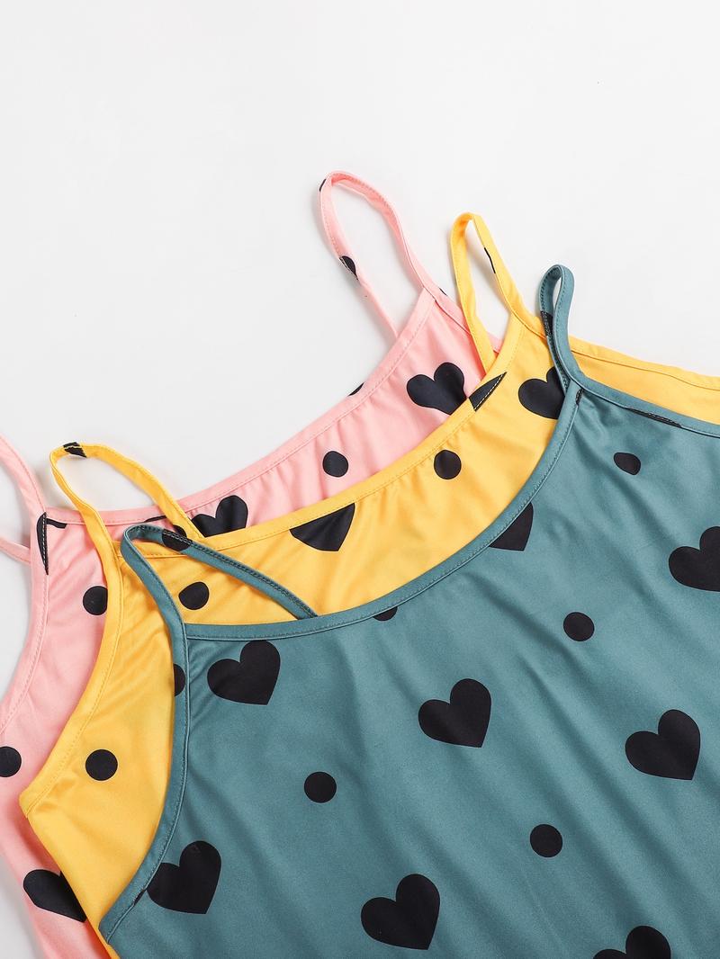 Plus Size Heart Print Elastic Waist Pyjama Set, Casual Sleeveless Spaghetti Strap Top & Shorts PJ Set, Women's Sleepwear for All Seasons