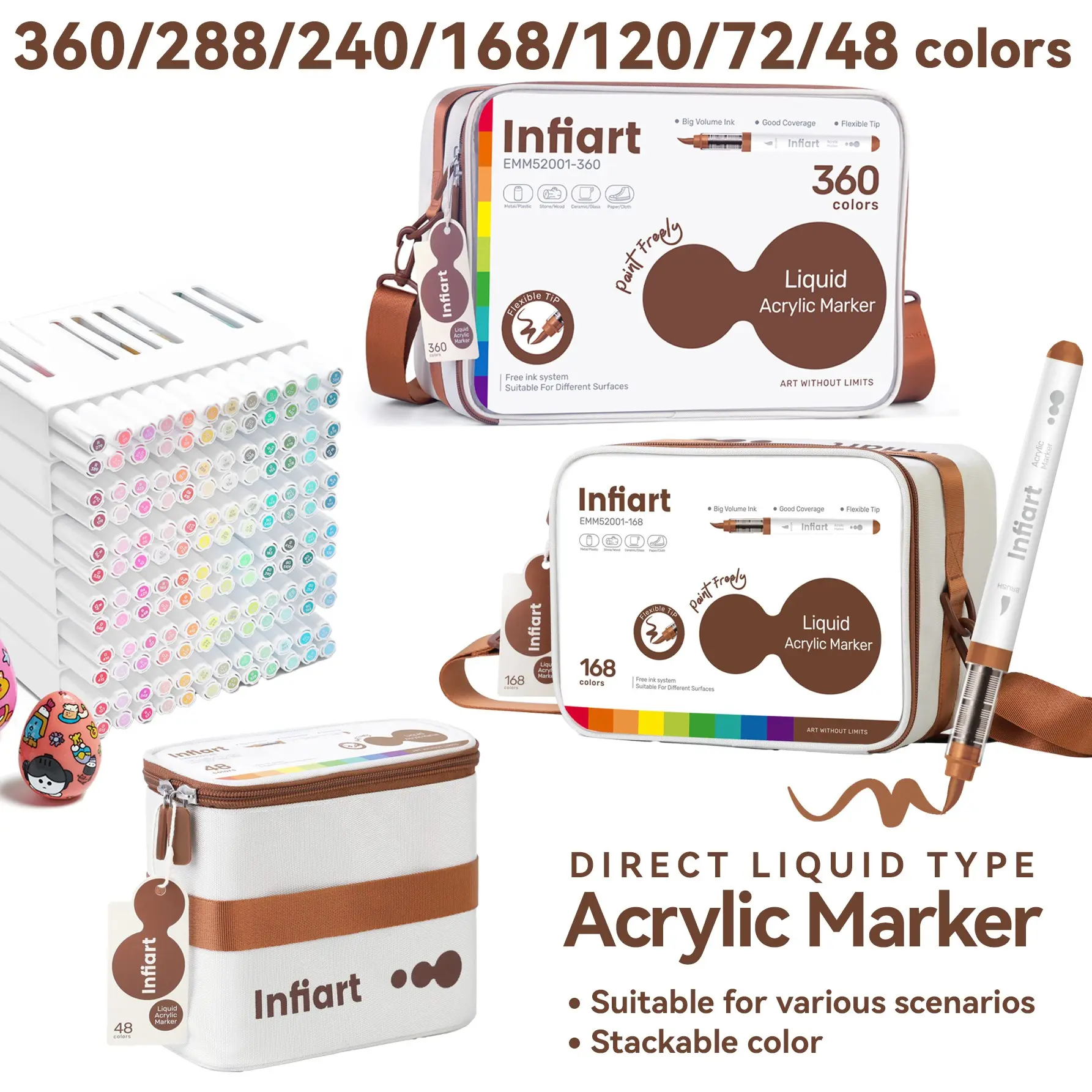 Grasp Infiart Acrylic Markers, Art Marker Pen, 360/288/240/168/120/72/48 Colors, Rich Ink, Fabric Storage Bag, Ideal for Home/school/studio