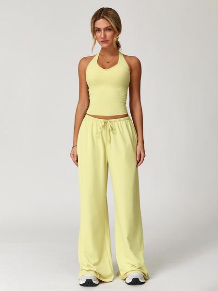 Women's Solid Halter Neck Top & Wide-Leg Pants Sports Set, Casual Sleeveless Top & Pants for Daily Outdoor Wear, Ladies Activewear Set for Tennis and Running, Workout Clothes