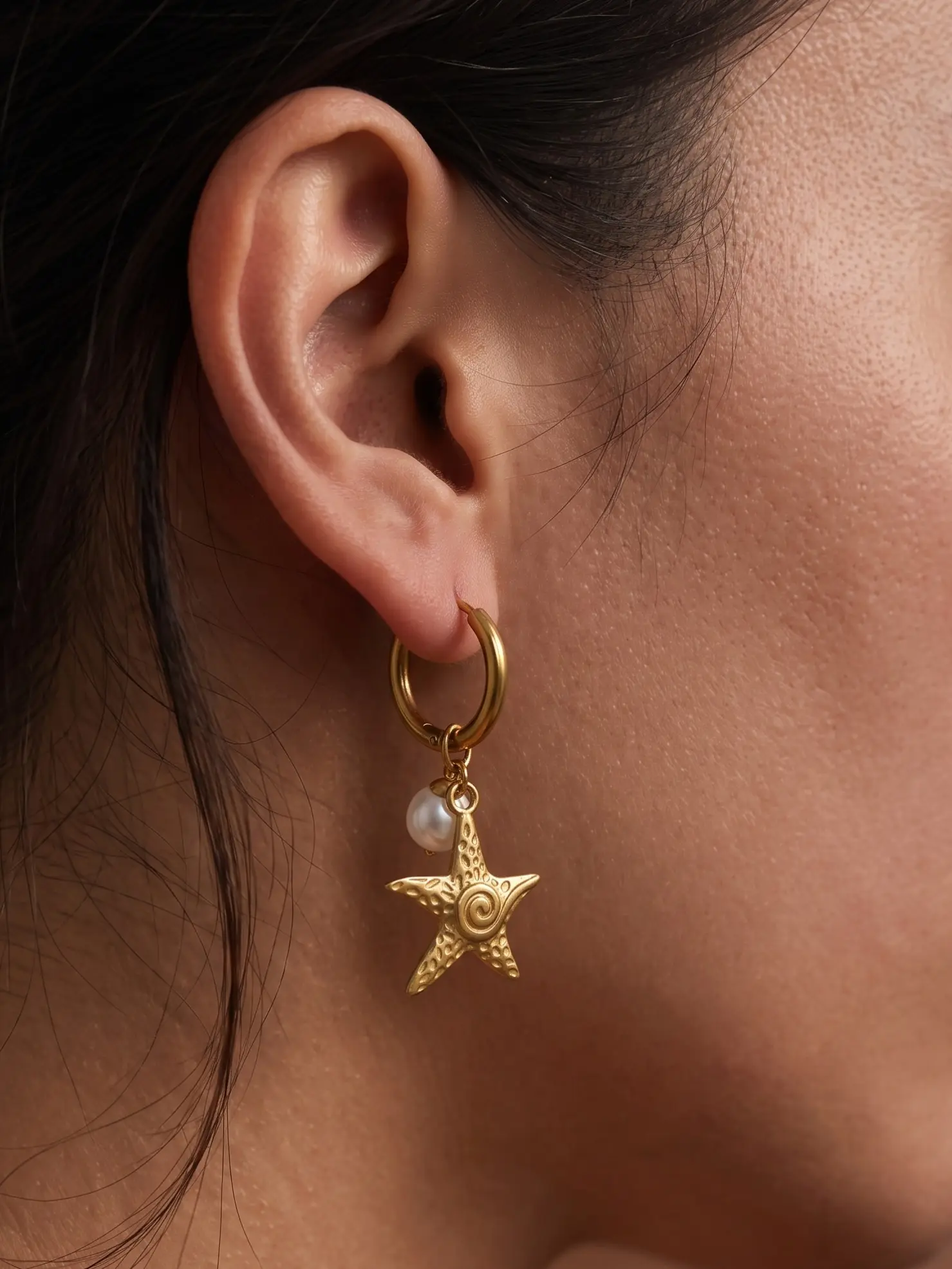 18k Gold Plated 304 Stainless Steel Ear Cuffs, Starfish Design with Imitation Pearl, Waterproof Layered Earrings for Women