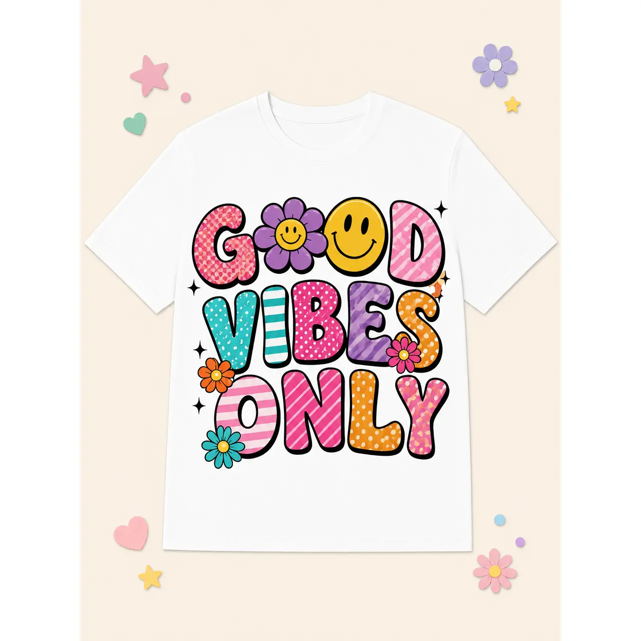 Classic Black Loose Fit Short Sleeve Top Y2K Retro Hippie Style Multicolor Pattern Print Good Vibes Only Floral Daisy Yellow Smiley Star Accent Casual Unisex Matching Couple T-Shirt,Muppet,Christmas,Carol,Sweatshirt,coucou,intimates,padr,womens,basic,tees