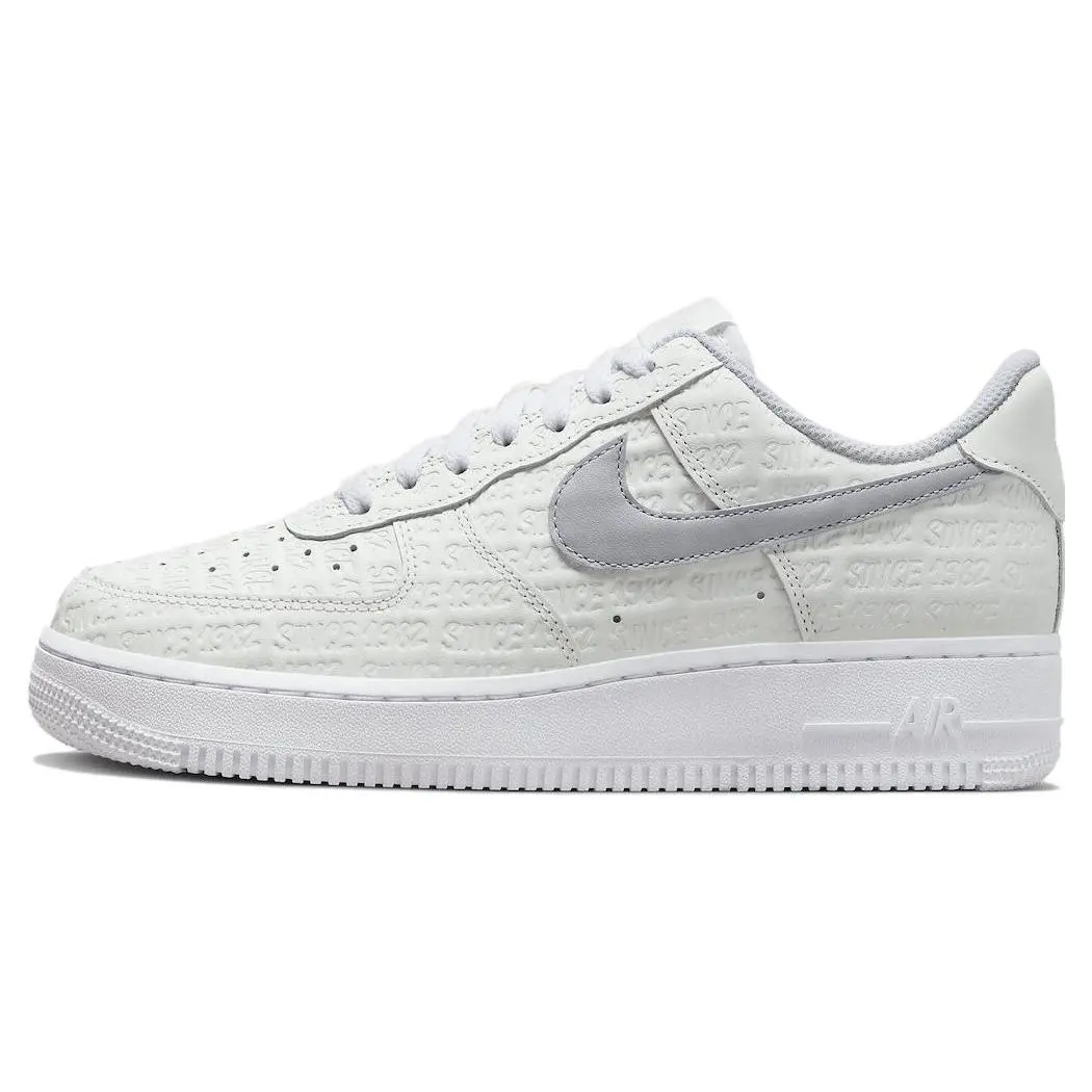 Nike Air Force 1 Since 1982 Women’s Low-Top Casual Sneakers in Metallic Silver and White Verifiable, with credentials and supporting global authentication