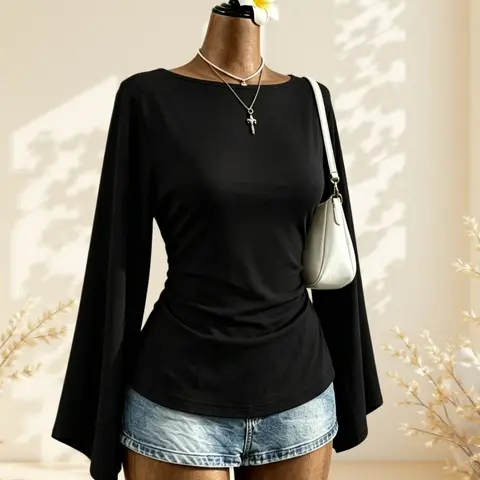 French Lazy Style Plain Color One-Shoulder Bell Sleeve Top, Side Pleat Waist Slimming Commuter Shirt, Choose 1/2 Pieces