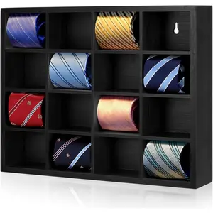 Tie Box Organizer Wall Mounted Tie Rack with 16 Compartments Bamboo Belt Holder for Men Scarf Necktie Home Wall Closet Black Color 1 Piece