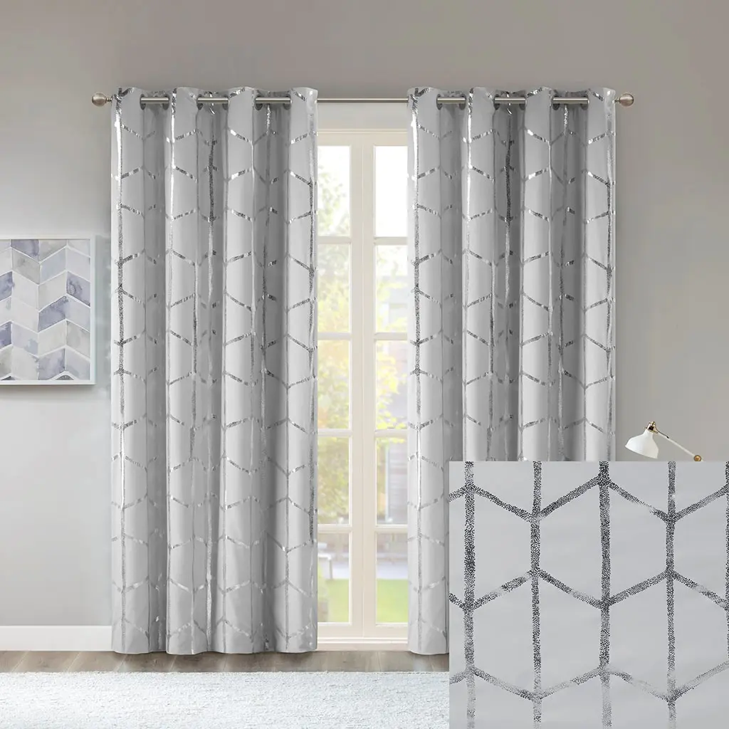 Nokaa Total Blackout Metallic Print Grommet Top Curtain Panel – Light Blocking Window Drape for Bedroom Living Room, Silver Foil Pattern, Thermal Insulated Privacy Decor, Single Panel, Multiple Options Available