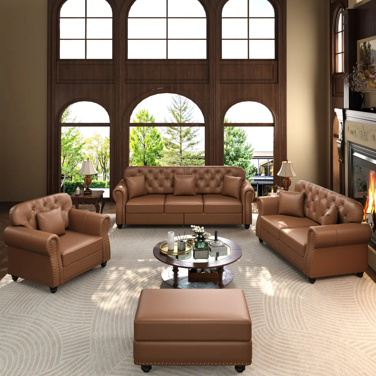 Upholstered Faux Leather Sofa with Nailhead Trim and Rolled Armrests,Mid-Century Modern Chesterfield Sofa with Button Tufted,Includes 6 Pillows,Brown