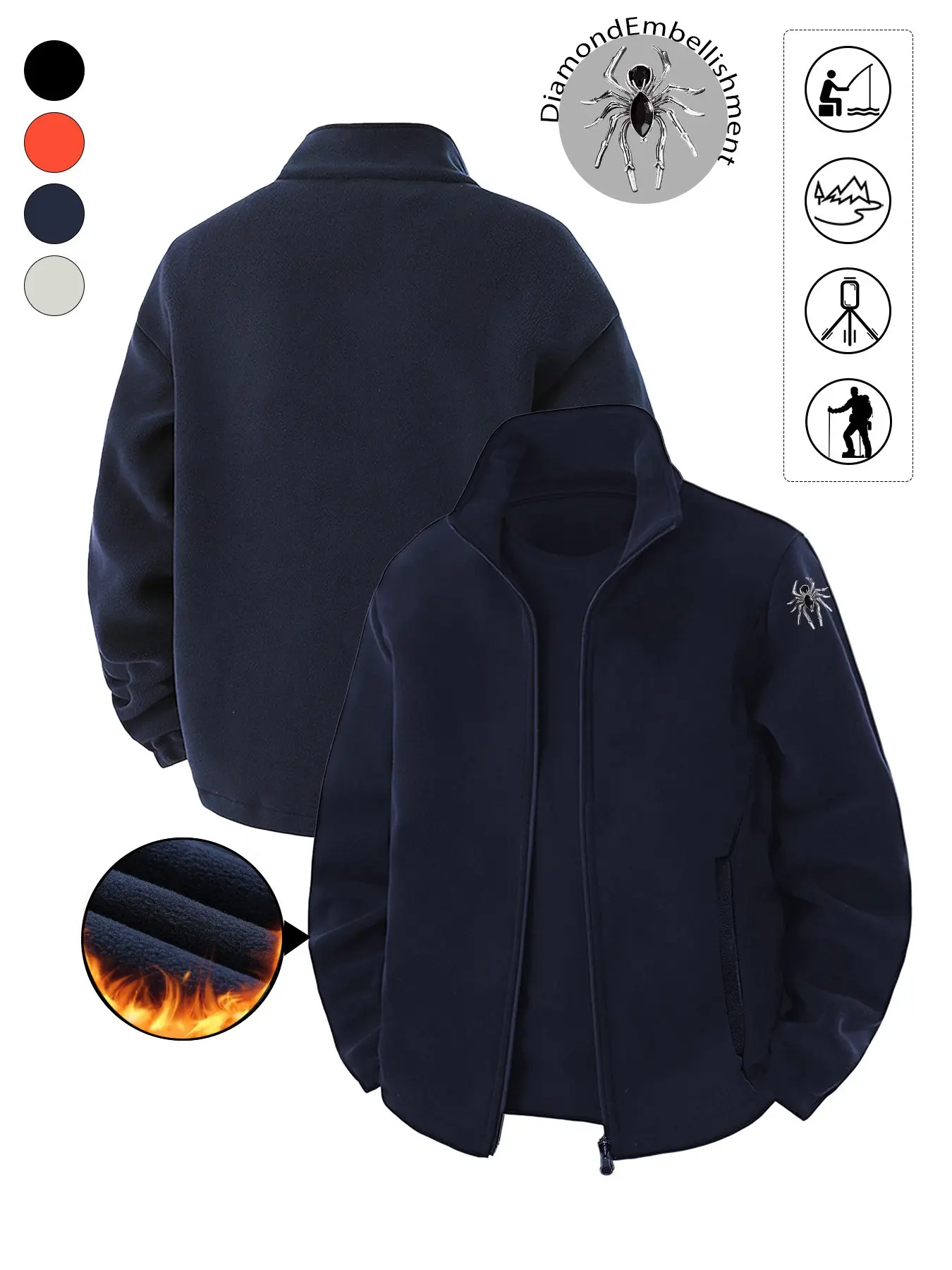 Men's Spider Accessory Fleece Stand Collar Zipper Graphic Jacket, Thick Warm Sport Casual Outerwear, Versatile Street Fashion Top Y2K Gym Wear