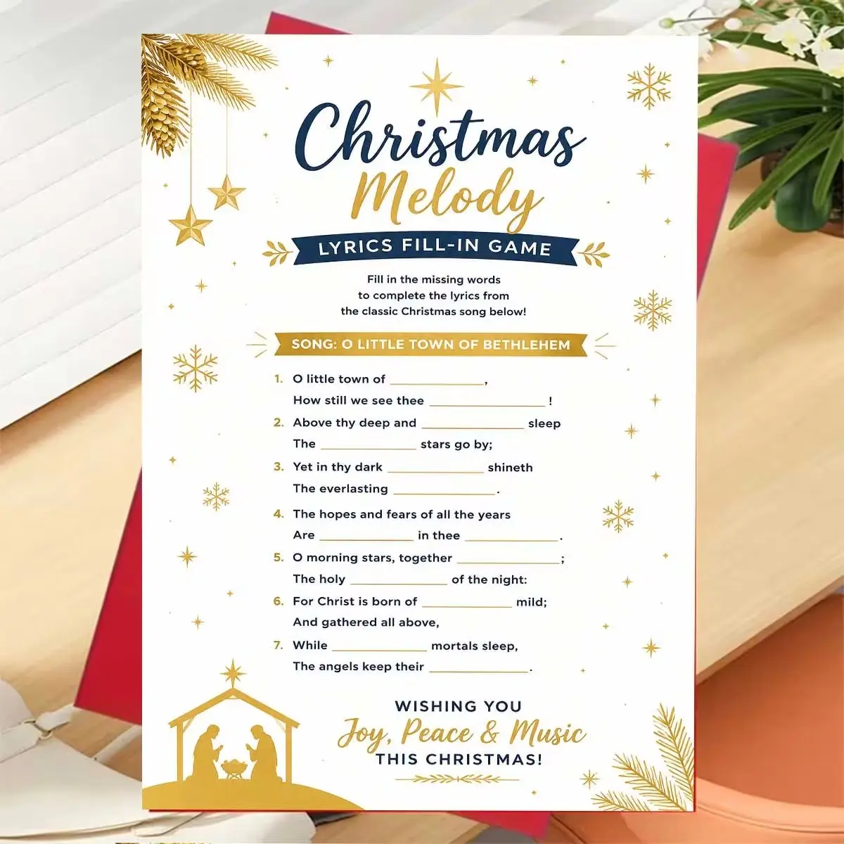 Exquisite Lyric Fill-In Christmas Card, Golden Snowflakes & Pine Branch Decor, Includes 'christmas Melody' Text, Perfect for Gifts, with Envelope
